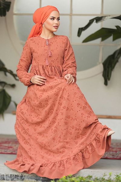 Neva Style Laced Tan Hijab Dress 23201TB