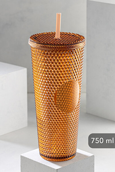 Meleni Home Crystal Pattern Cold Drink Cup with Straw, Travel Cup, Coffee Cup 750ml-brown
