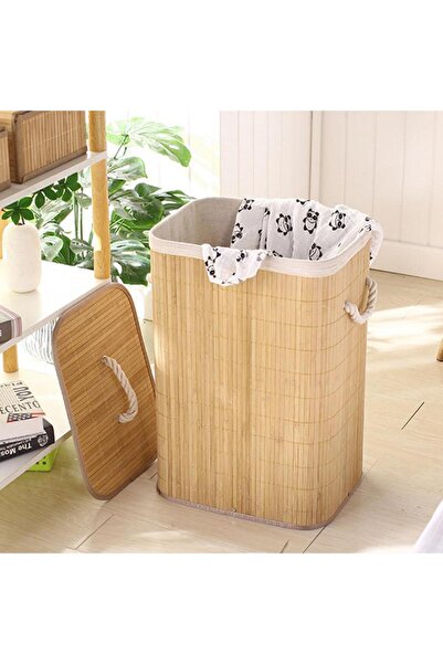 Akkoyunlu home Τετράγωνο καλάθι ρούχων από φυσική ψάθα με κορδόνι περίσφιξης