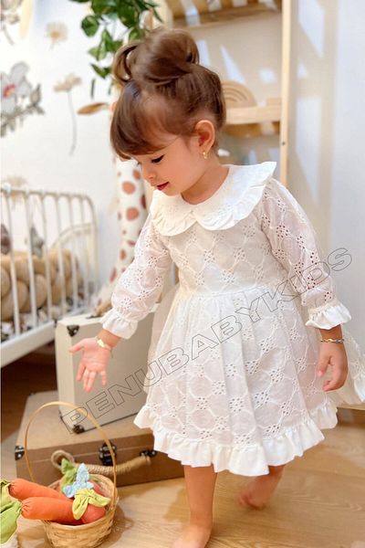 penu baby kids White Scalloped Baby Collar Long Sleeve Baby Girl Dress - Angel