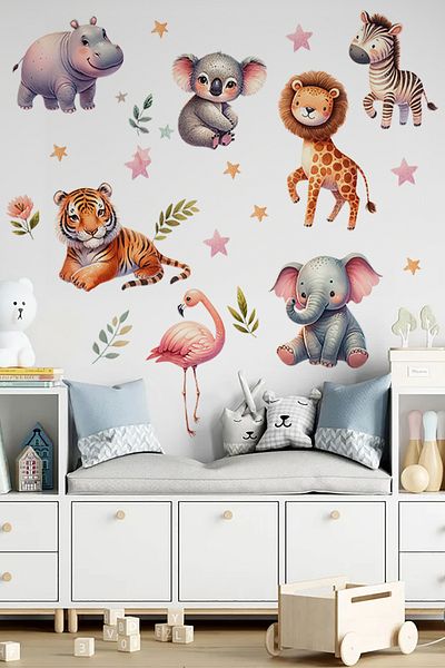 TUGİBU Safari Animals Themed Kids Room Wall Sticker Set