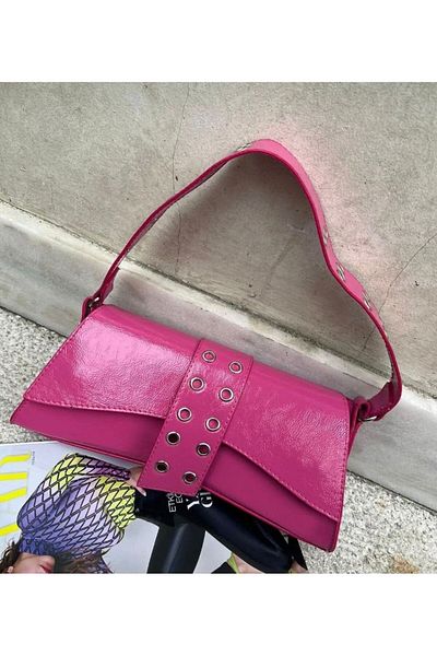 Mercan Stores Women's Pink Studded Asymmetrical Baguette Hand and Shoulder Bag