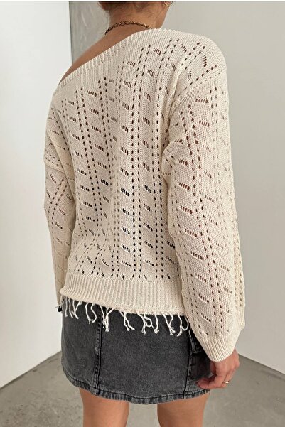 bayansepeti Μπεζ πλεκτό ύφασμα Madonna γιακά με κρόσσια Λεπτομερής Basic Oversize Μπλούζα 12312