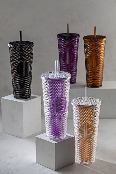 Meleni Home Crystal Pattern Cold Drink Cup with Straw, Travel Cup, Coffee Cup 750ml-brown