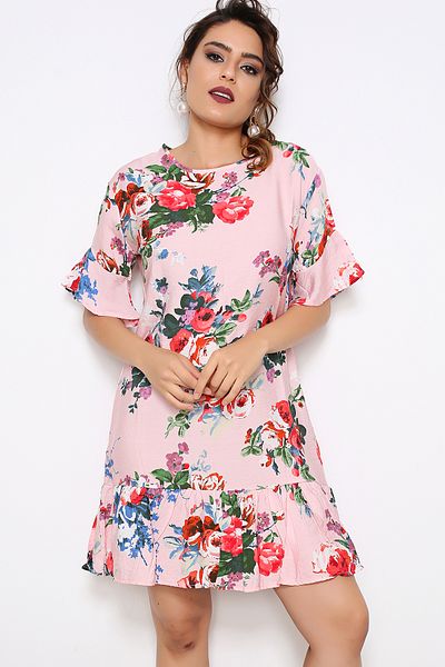 AVORWE Rochie cu volane cu decolteu cu imprimeu floral și mâneci