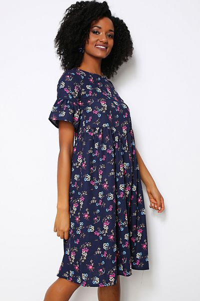 AVORWE Rochie midi cu mâneci clopot cu imprimeu floral și detaliu cu volane