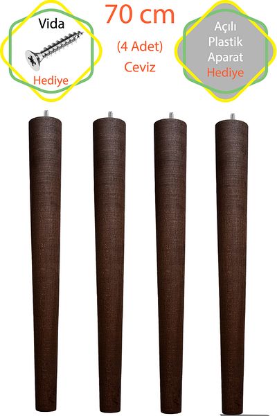 Evnalia Walnut 4 Pieces Luxury 70 cm Conical Wooden Raw Table Leg Diameter: 4.2 cm Hobby (with Screw and Appliances)