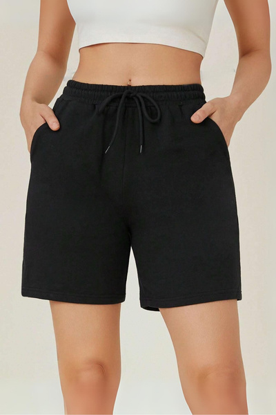 NAKRUF Γυναικείο μαύρο απλό κανονικό χτενισμένο βαμβακερό σορτς με κορδόνι