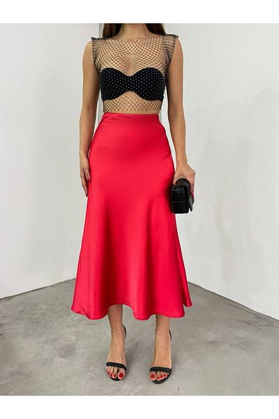 Butik Beyza Fustă din satin cu fermoar ascuns cu talie elastică
