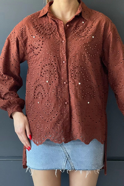 GÜLSELİ Tile Pearl and Stone Detailed Openwork Women's Shirt