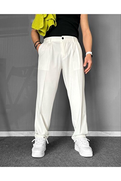THEMANN Baggy Pileli Beyaz Boru Paça Pantolon