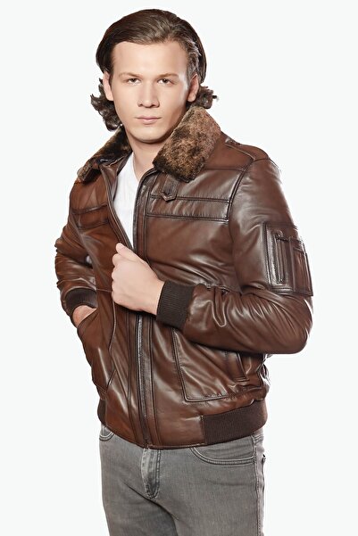 Deriza Pilot Tarzı Hakiki Deri Mont Kahve