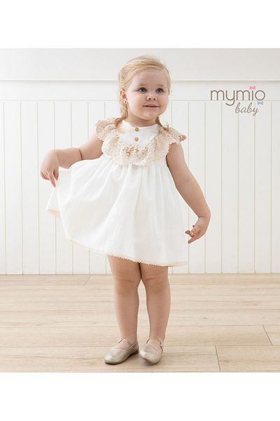 Mymio 6-24 Months Ecru Short Sleeve Embroidery Detailed Cotton Baby Girl Summer Dress