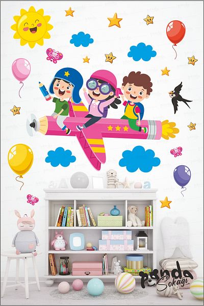 PANDA SOKAĞI Kids Flying in Pen Kindergarten School Children's Room Nursery Wall Door Glass Sticker Set