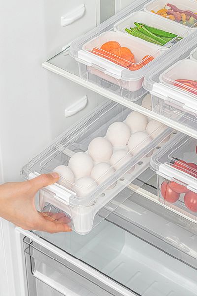 Vienev Set of 4 Long Storage Containers with Lockable Lid 2x(2.5 Liter Boxed)2x(3.5 Liter Empty and with Egg Holder)
