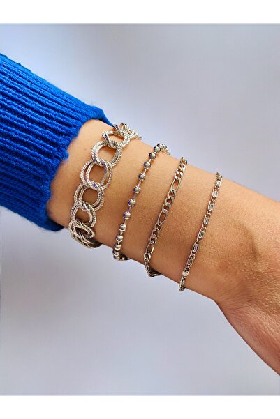 xesha Gümüş Kaplama 4'Lü Kombin Bileklik Seti Gümüş Renk Kadın Zincir Bilezik...