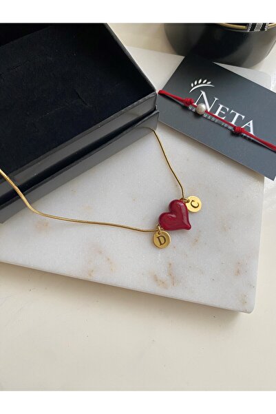 NETA TASARIM Çelik Murano Bombeli Kırmızı Kalp 2 Harfli
