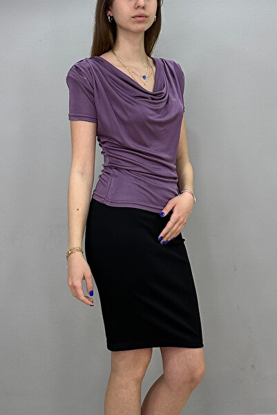 Tam Moda Kadın Sandy Vatkalı Omuzları Pileli Kısa Kol Bluz Mürdüm