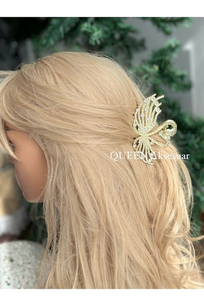 QUEEN AKSESUAR Imported luxury trend metal crystal stone big swan clothespin clip buckle gold gold