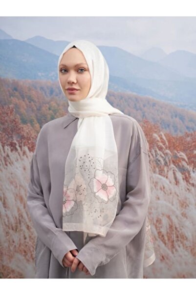 ARMANDA Nakışlı Firuze Şal - Ekru