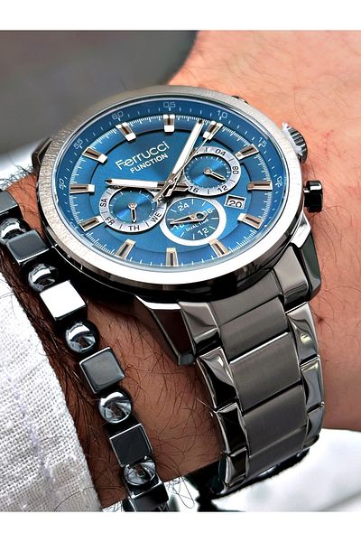 Ferrucci Smoke Color Function Steel Cord Men's Wrist Watch with Bracelet Gift