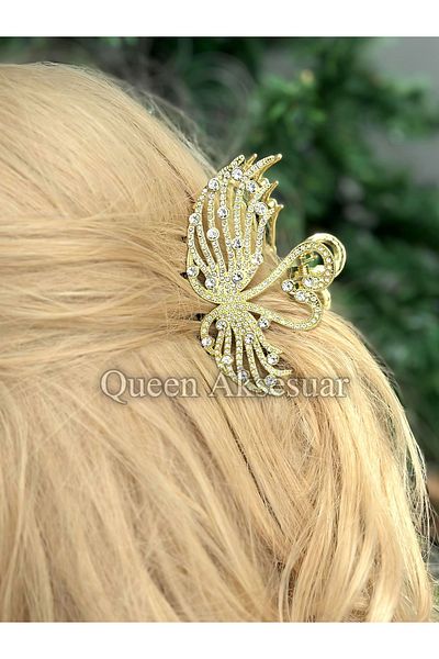 QUEEN AKSESUAR Imported luxury trend metal crystal stone big swan clothespin clip buckle gold gold