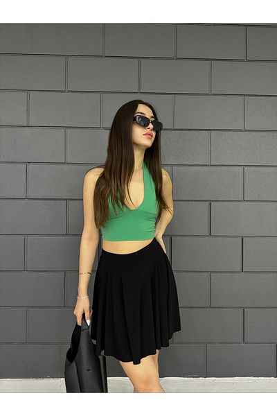 CNRCollection Pantaloni scurți cu voluri, model negru, evazați, pentru femei, flexibili, talie elastică, pantaloni scurți cu volan din țesătură nisipoasă