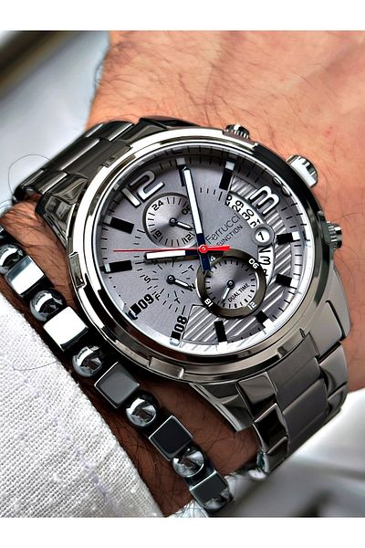 Ferrucci Silver Anthracite Color Functional Steel Cord Men's Wristwatch with Bracelet Gift