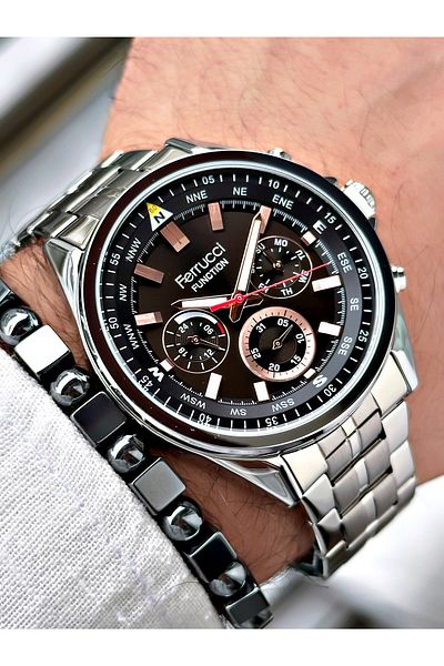 Ferrucci Silver Steel Case Function Men's Wrist Watch + Bracelet Gift
