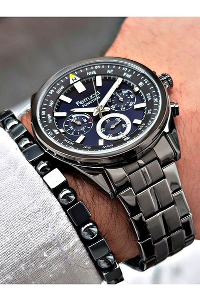 Ferrucci Silver Anthracite Steel Cord Function Men's Wristwatch with Bracelet Gift