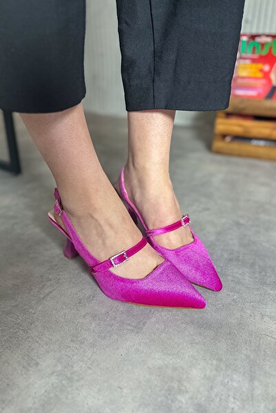 SHOEBELLAS Keddy Fuchsia Velvet Women's Heeled Shoes with Stone Buckle Detail