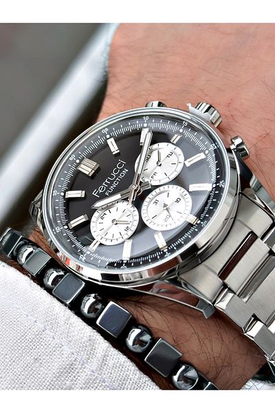 Ferrucci Silver Color Function Steel Case Men's Wristwatch + Bracelet Gift