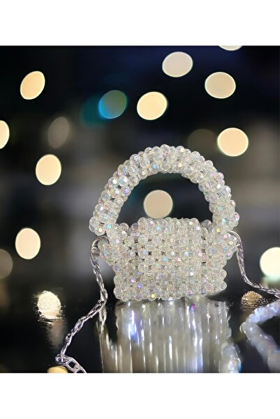 Butik Beyaz Kristal Boncuk Cüzdan Çanta