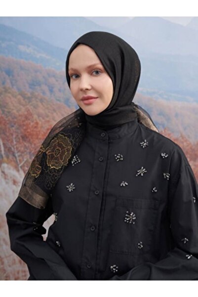 ARMANDA Embroidered Turquoise Shawl - Black