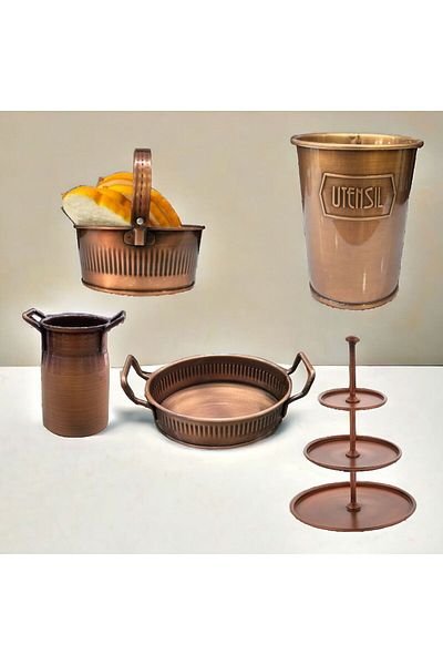 LUCKYHOMES 5 Piece Special Production - Copper Plated Kitchen Set, Spoon Holder, Bread and Presentation Tray
