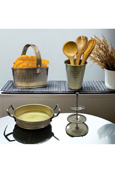 LUCKYHOMES Gold Plated 4 Piece Kitchen Set - Spoon Holder, Bread, Cookie Holder and Presentation Tray