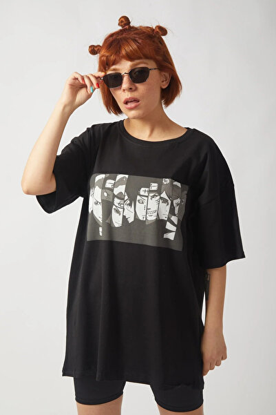 Garalio Tricou oversize negru unisex cu imprimeu Naruto Anime