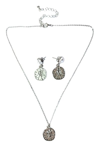impressive Pearl Ancient - Greek Roman Warrior Figured Necklace and Earring Set (Ancient Silver)