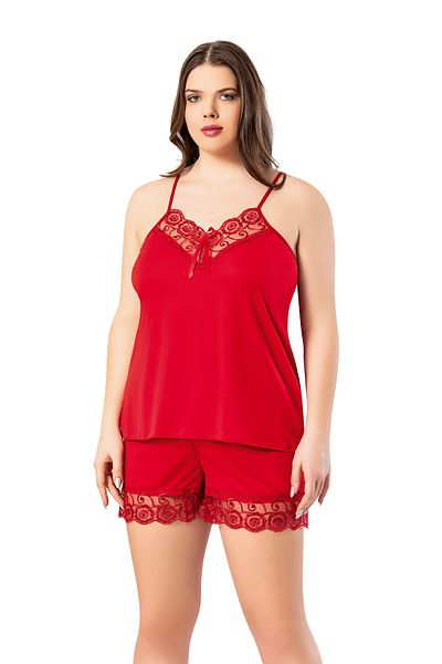 VicTroy Plus Size (3xl-4xl) Lace Detailed Red Rope Strap Women's Nightgown Set with Shorts 62v09
