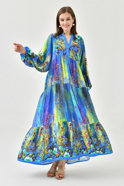 lovebox Rochie de vară, cu modele florale, cu nasturi, guler predominant, mânecă cu balon, lungime midi, croială evazată lată 036