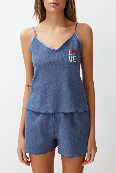 Trendyol Collection Set pijamale tricotate cu curea de frânghie brodate cu textura albastră THMSS24PT00155