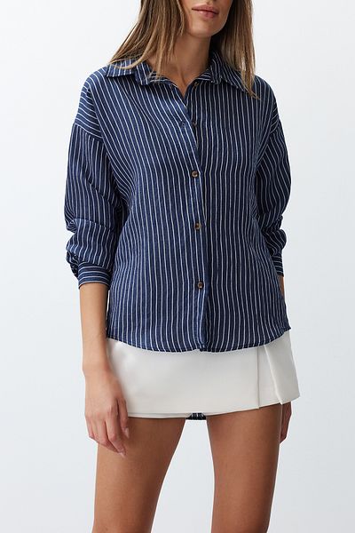 Edit by Trendyol Blue Striped Regular Woven Shirt TEDSS24GO00002