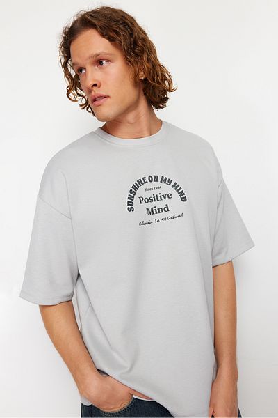 Trendyol Collection Gray Text Printed Wide Cut T-Shirt - TMNSS23TS00083