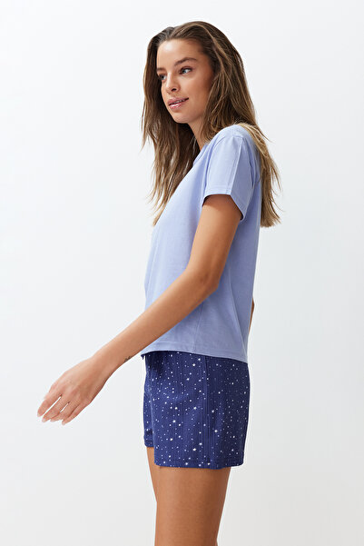 Trendyol Collection Σετ πιτζάμες με μοτίβο αστεριών 100% βαμβακερό μπλε σορτς - THMSS24PT00202