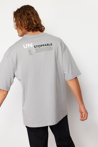 Trendyol Collection Text Printed Gray Oversize Cotton T-Shirt - TMNSS23TS00172