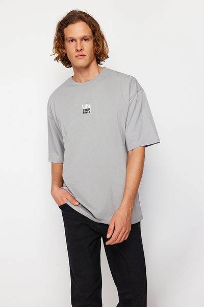 Trendyol Collection Text Printed Gray Oversize Cotton T-Shirt - TMNSS23TS00172