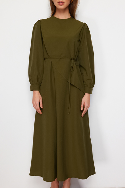 Trendyol Modest Χακί Ζώνη Μπροστινό Σπλιτ Βαμβακερό Υφαντό Φόρεμα TCTSS23EB00360