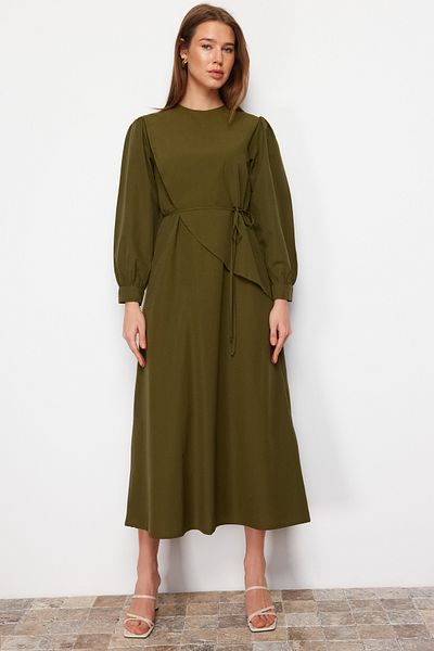 Trendyol Modest Khaki páskové přední dělené bavlněné tkané šaty TCTSS23EB00360