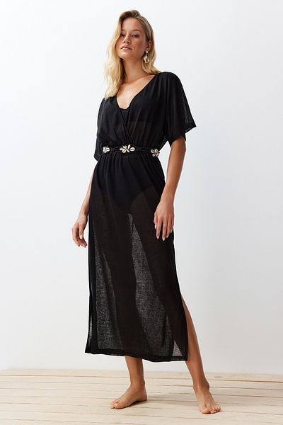 Trendyol Collection Černé maxi pletené plážové šaty s rozparkem TBESS24EL00106