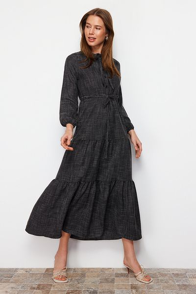 Trendyol Modest Černé šněrovací sukně vrstvené tkané šaty TCTAW22EB0136